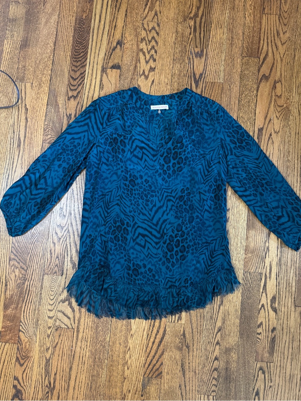 Rebecca Taylor Size 4 100% Silk Teal Animal Print Ruffle Blouse